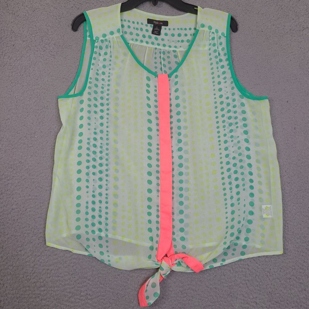 Style & Co Sheer Tank Top Womens Large White Colorful Polka Dot Button Up